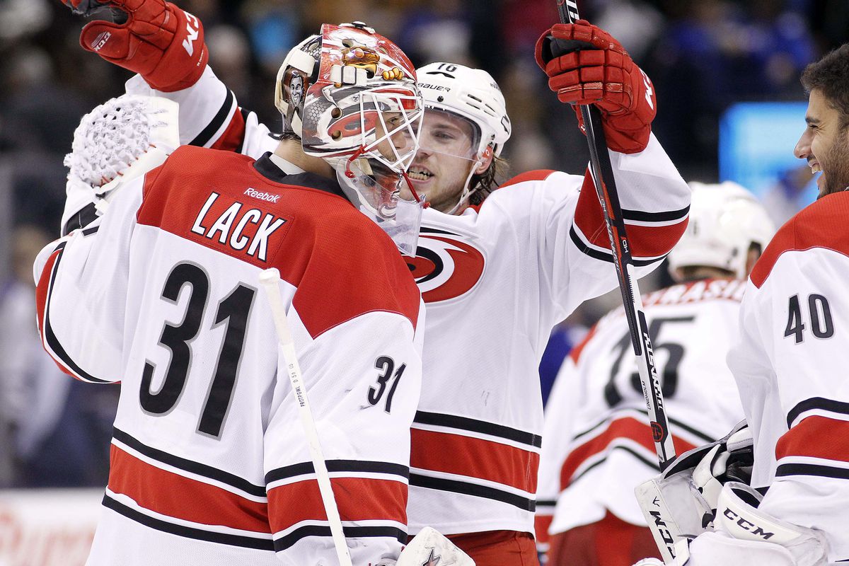 Eddie Lack is congratulated after his shutout on Thursday night in Toronto