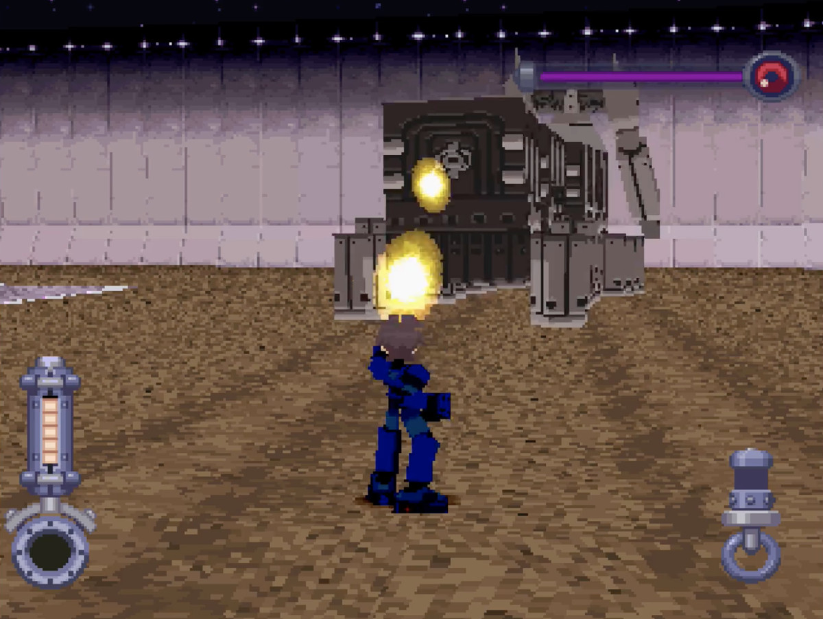 Mega Man Legends - firing up at a structure