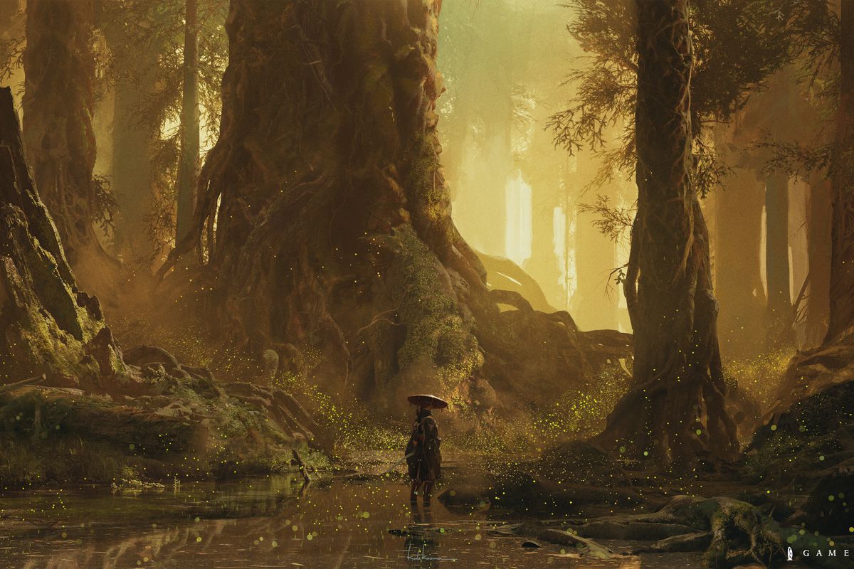 Concept art of Game Freak’s Project Bloom, featuring a lone warrior with a sword standing in a swampy forest