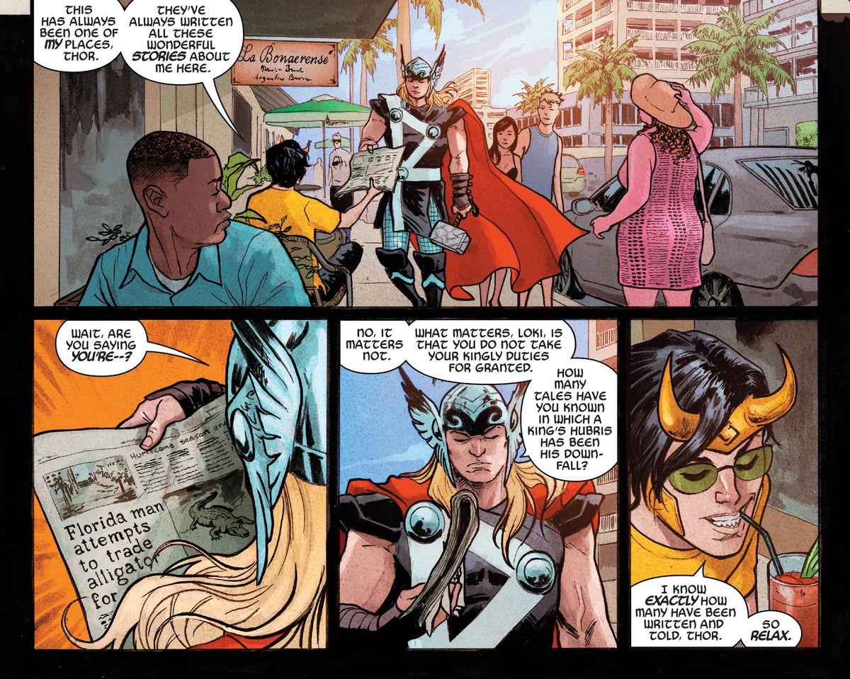 Loki tells Thor that Florida has always been one of his places, saying “They’ve always written such wonderful stories about me here,” as he hands him a newspaper with a headline that reads “Florida man attempts to trade alligator for...” in Loki #1 (2023).