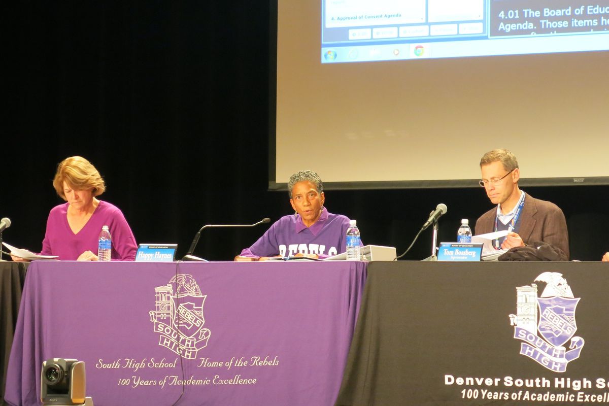 The Denver Public Schools board at a meeting in December 2014 at South High School.