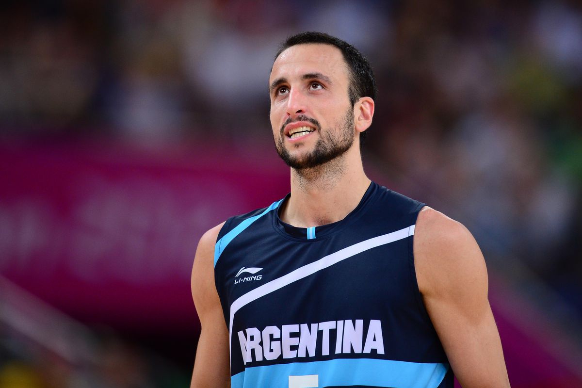 Aug 8, 2012; London, United Kingdom; Argentina player Manu Ginobili (5) reacts during the men's quarterfinal against Brazil in the 2012 London Olympic Games at North Greenwich Arena.   Mandatory Credit: Mark J. Rebilas-USA TODAY Sports
