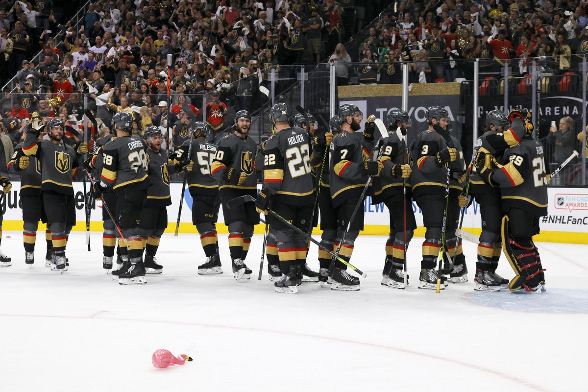 The Vegas Golden Knights celebrate their 6-3 victory over the Colorado Avalanche to win Game Six of the Second Round of the 2021 Stanley Cup Playoffs at T-Mobile Arena on June 10, 2021 in Las Vegas, Nevada.