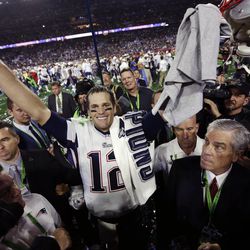 New England Patriots quarterback Tom Brady (12) celebrates after the NFL Super Bowl XLIX football game against the Seattle Seahawks Sunday, Feb. 1, 2015, in Glendale, Ariz. The Patriots won 28-24. (AP Photo/David J. Phillip)