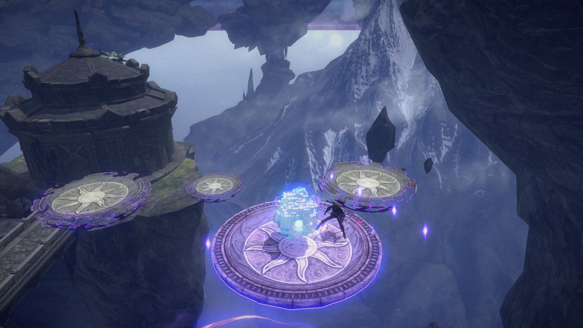 Bayonetta leaps across a series of floating platforms on a cloudy night in Bayonetta 3.