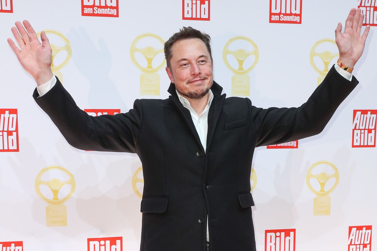 Elon Musk poses with his arms raised.
