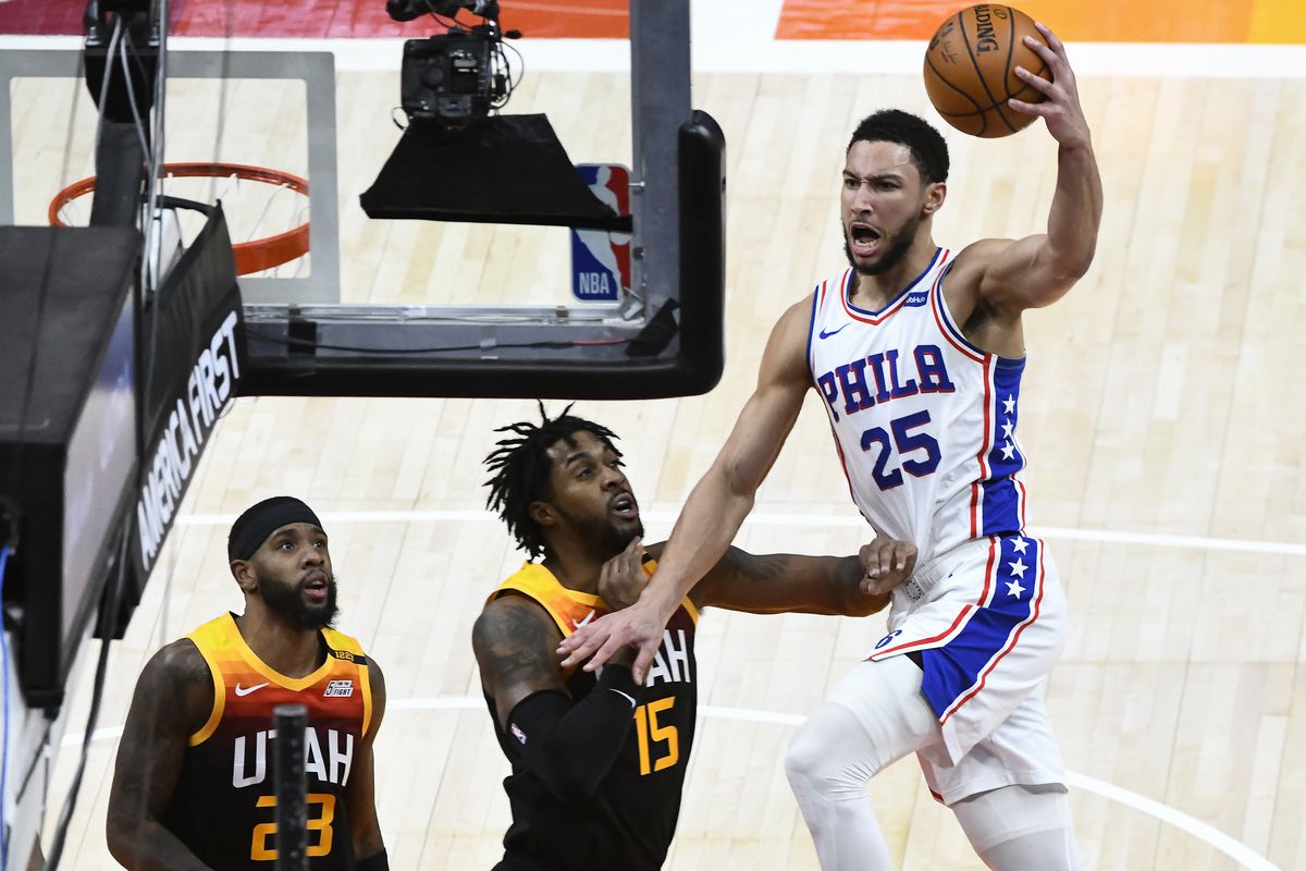 Ben Simmons #25 of the Philadelphia 76ers attempts a shot over Derrick Favors #15 of the Utah Jazz during a game at Vivint Smart Home Arena on February 15, 2021 in Salt Lake City, Utah.&nbsp;