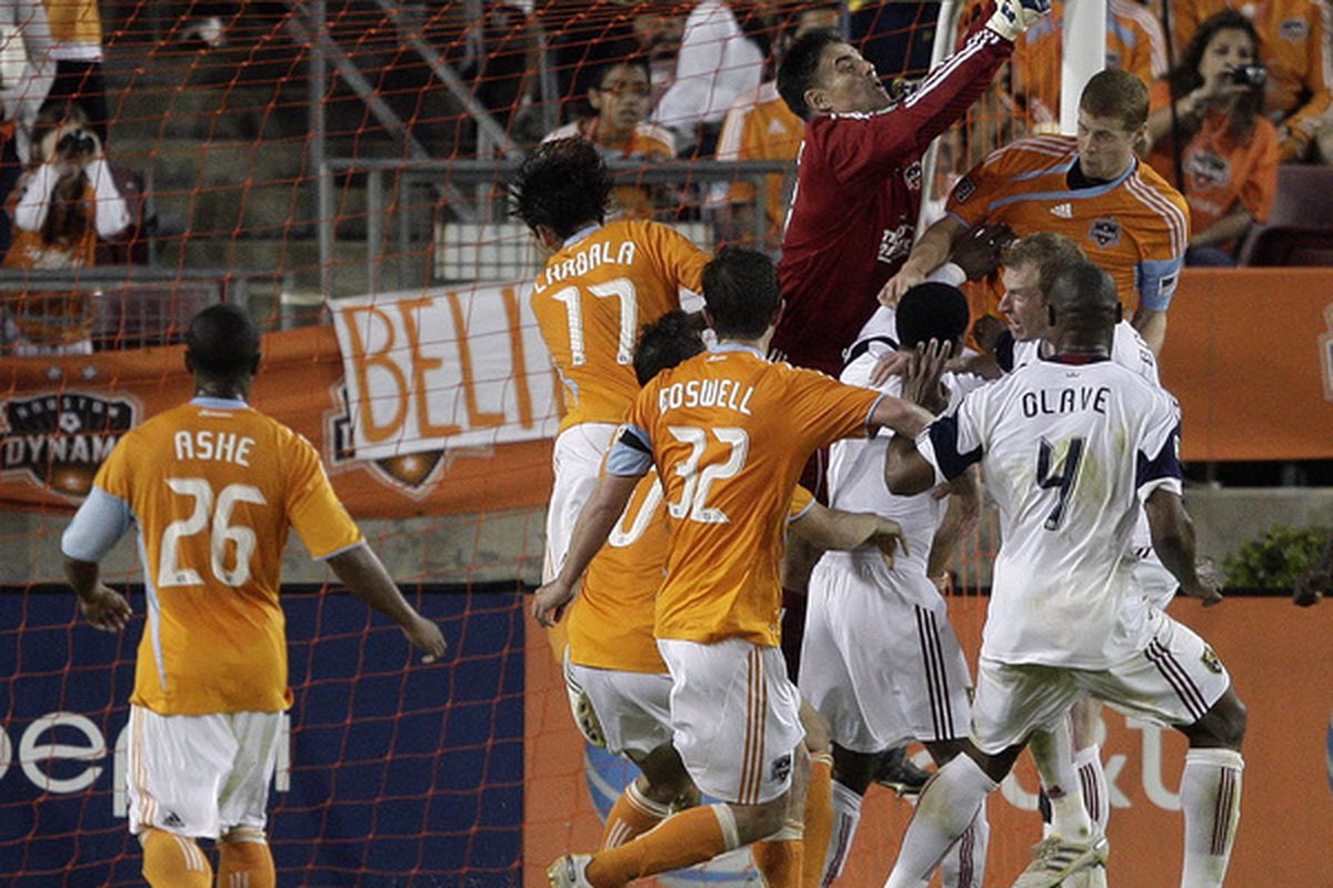 HOUSTON - APRIL 01:  Goalkeeper Pat Onstad #18 of the Houston Dynamo deflects the ball away on a corner-kick in the second half against Real Salt Lake on April 1, 2010 in Houston, Texas.  (Photo by Bob Levey/Getty Images)