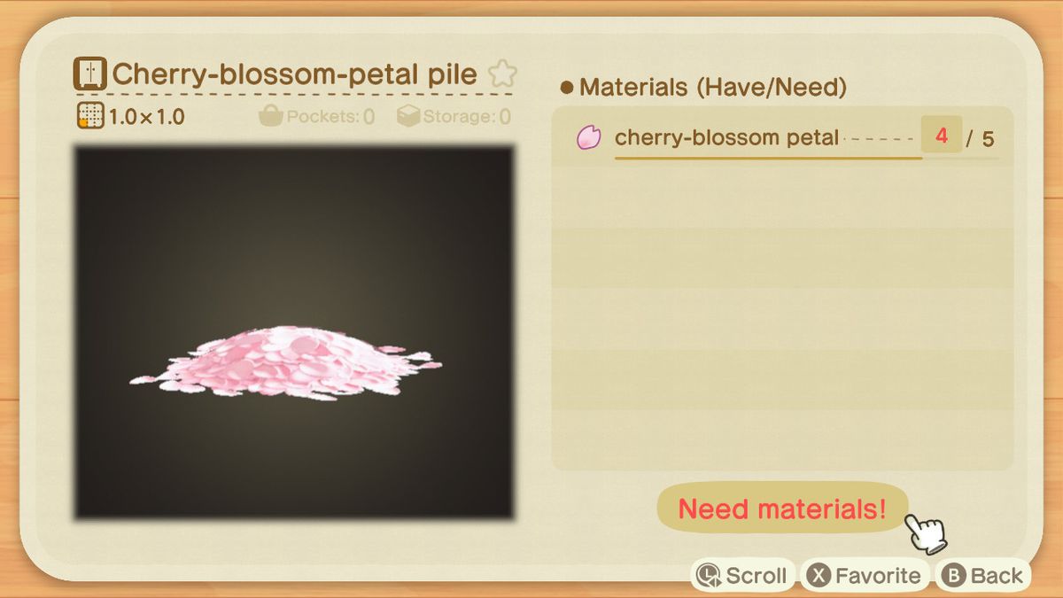 A crafting screen in Animal Crossing showing how to make a Cherry-blossom Petal Pile