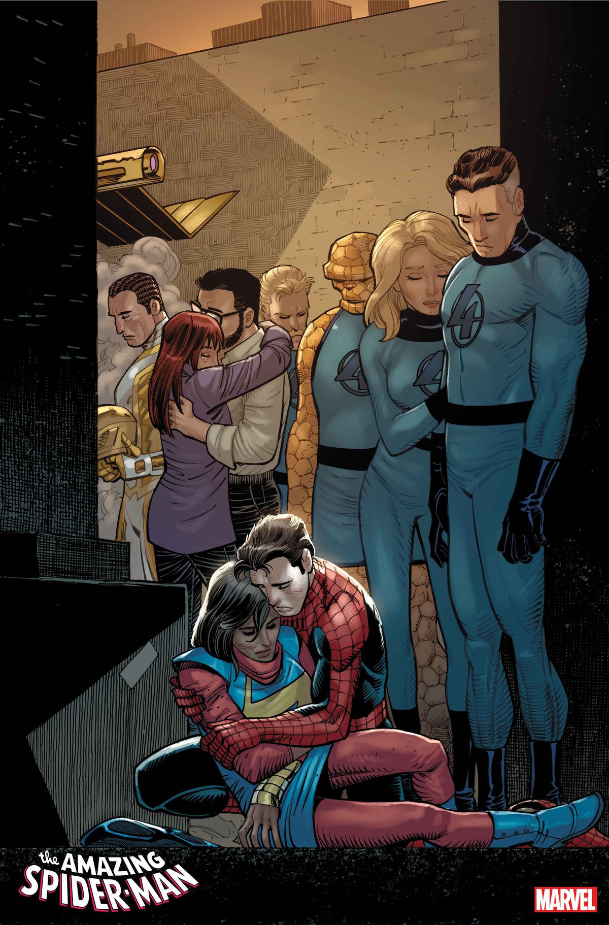 Spider-Man cradles Ms. Marvel’s body in an alleyway as (LtR) Norman Osborn, Mary Jane, and the Fantastic Four look on sadly in Amazing Spider-Man #26 (2023). 