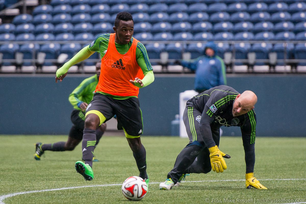 This is Seyi Adekoya rounding Marcus Hahnemann while training with the Seattle Sounders 1st team.