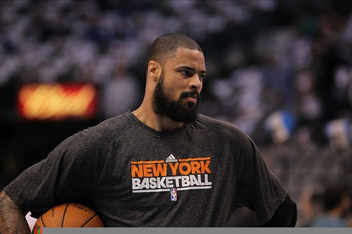 Mar 6, 2012; Dallas, TX, USA; New York Knicks center Tyson Chandler shoots prior to the game against the Dallas Mavericks at American Airlines Center.  Mandatory Credit: Matthew Emmons-US PRESSWIRE