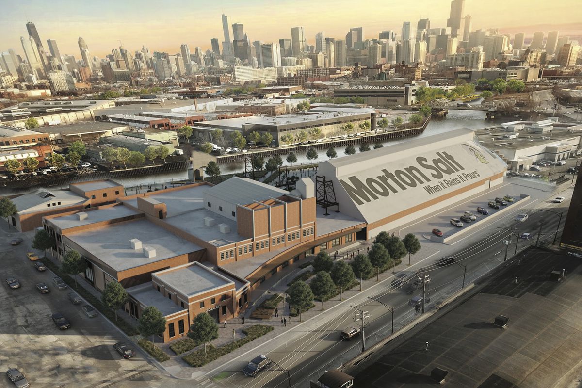 A rendering of an enormous warehouse building along the Chicago River.