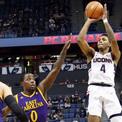 The ECU Pirates take on the UConn Huskies in a men's college basketball game at the XL Center in Hartford, CT on January 6, 2018.