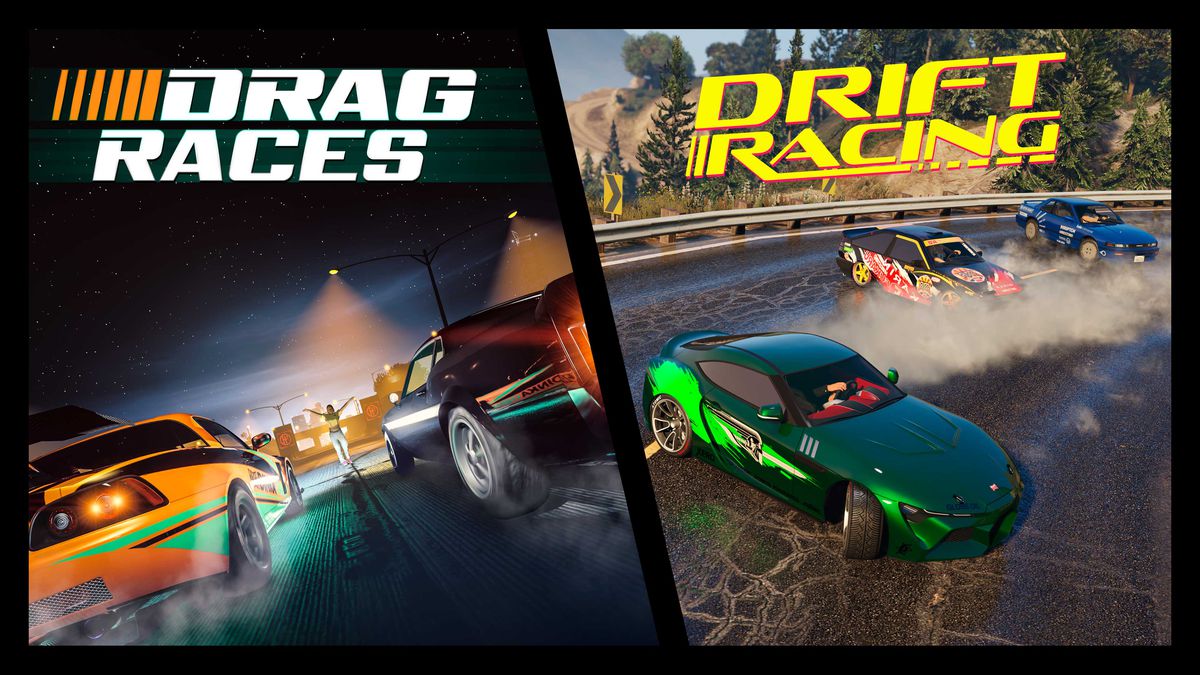 GTA Online promo art for Drag Races and Drift Racing