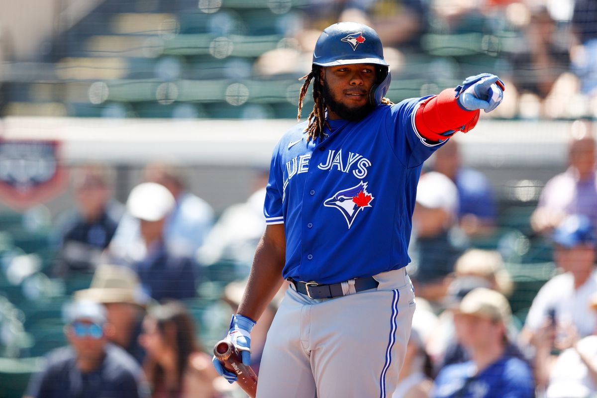 Toronto Blue Jays first baseman Vladimir Guerrero Jr. (27) looks on in the first inning against the Detroit Tigers during spring training at Publix Field at Joker Marchant Stadium.