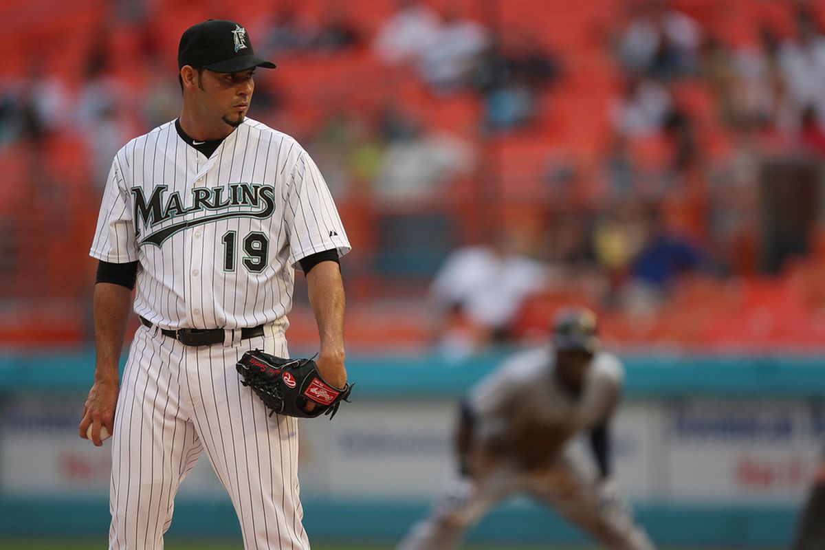 MIAMI GARDENS, FL - JULY 19:  Anibal Sanchez #19 of the Flordia Marlins looks on from the mound during a game against the San Diego Padres at Sun Life Stadium on July 19, 2011 in Miami Gardens, Florida.  (Photo by Sarah Glenn/Getty Images)