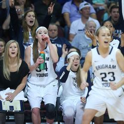 Brigham Young Cougars cheer near the end of the game during the WCC tournament in Las Vegas Monday, March 7, 2016. BYU won 87-67.