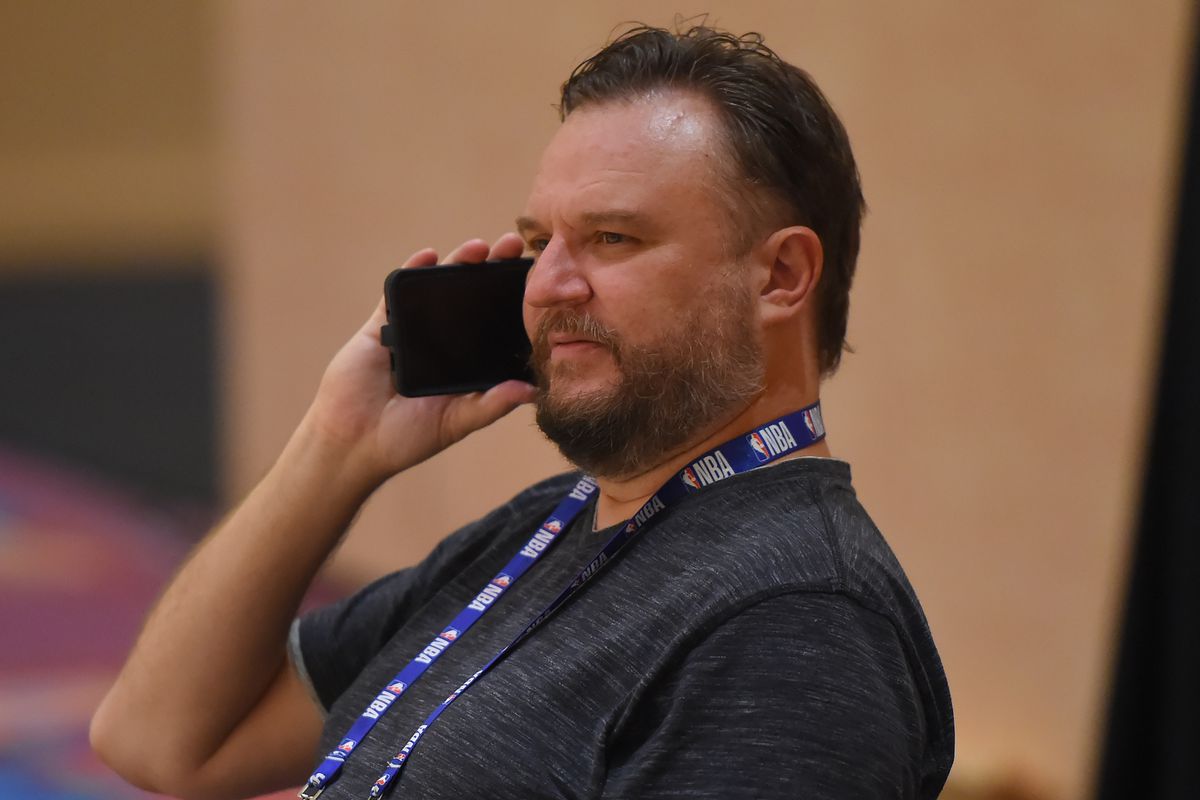 Daryl Morey, GM of the Houston Rockets, talks on the phone during practice as part of the NBA Restart 2020 on July 23, 2020 in Orlando, Florida.&nbsp;