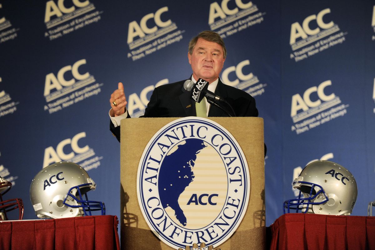 July 22, 2012; Greensboro, NC, USA; The ACC Football commissioner John Swofford addresses reporters during ACC media day at the Grandover Resort in Greensboro NC. Mandatory Credit: Sam Sharpe-US PRESSWIRE
