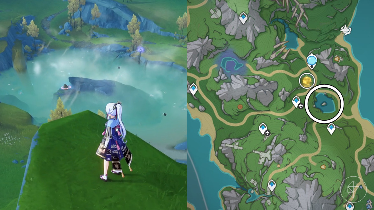 Location of the boiling lake puzzle marked on the map of Fontaine in Genshin Impact