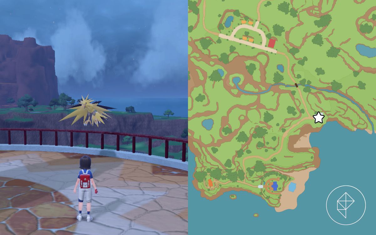 A map showing where to find Zapdos at the top of a lighthouse in Pokémon Scarlet and Violet