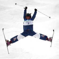 Hannah Kearney of the United States competes in the women's freestyle skiing aerials qualification at the Vancouver 2010 Olympics at Cypress Mountain Resort on Saturday.