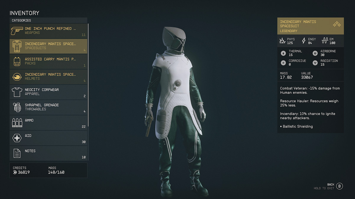 A Starfield player appears equipped with the Mantis’ spacesuit, helmet, and pack.