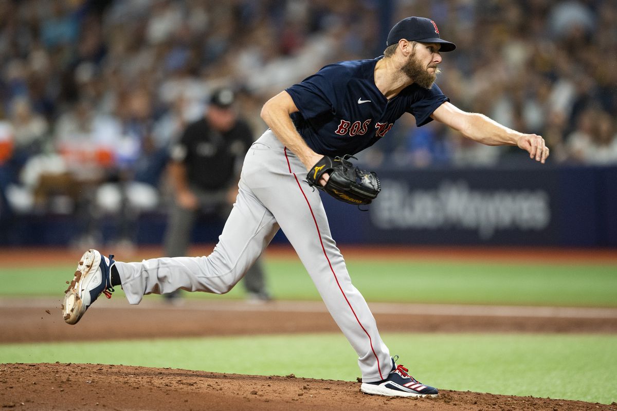 Chris Sale #41 of the Boston Red Sox delivers during the first inning of game two of the 2021 American League Division Series against the Tampa Bay Rays at Tropicana Field on October 8, 2021 in St Petersburg, Florida.