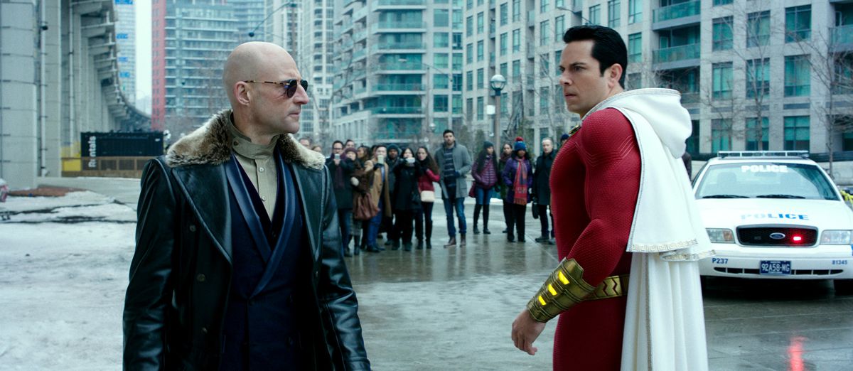 MARK STRONG as Dr. Thaddeus Sivana and ZACHARY LEVI as Shazam in New Line Cinema’s action adventure “SHAZAM!,” a Warner Bros. Pictures release.