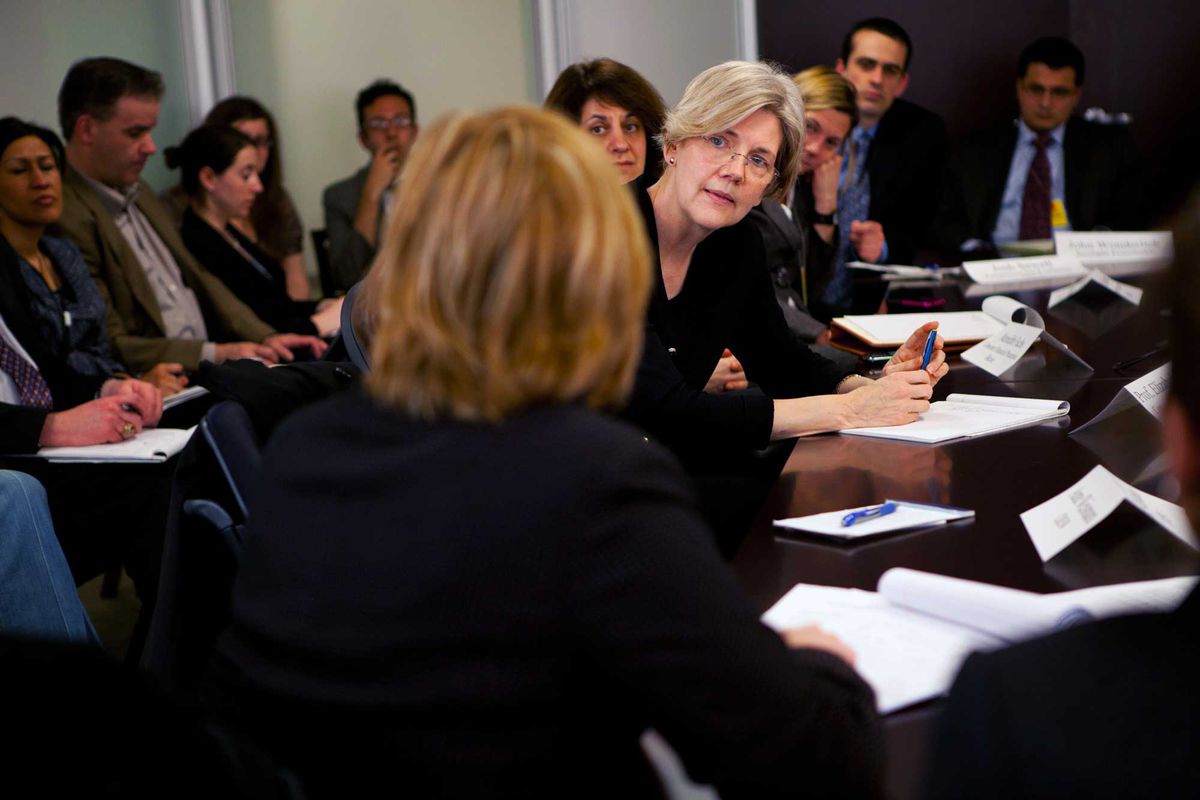 Elizabeth Warren in 2011 leading a discussion.