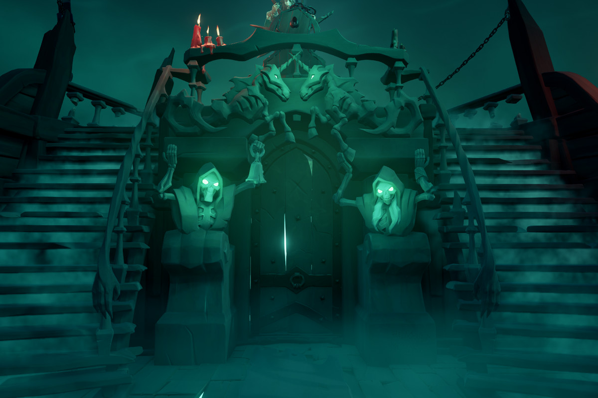 Sea of Thieves - skeletons with glowing eyes in front of captain’s cabin door on ghostly green ship at night