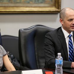 Independent presidential candidate Evan McMullin, right, and his running mate, Mindy Finn, meet with the Deseret News and KSL editorial board in Salt Lake City on Friday, Oct. 14, 2016.