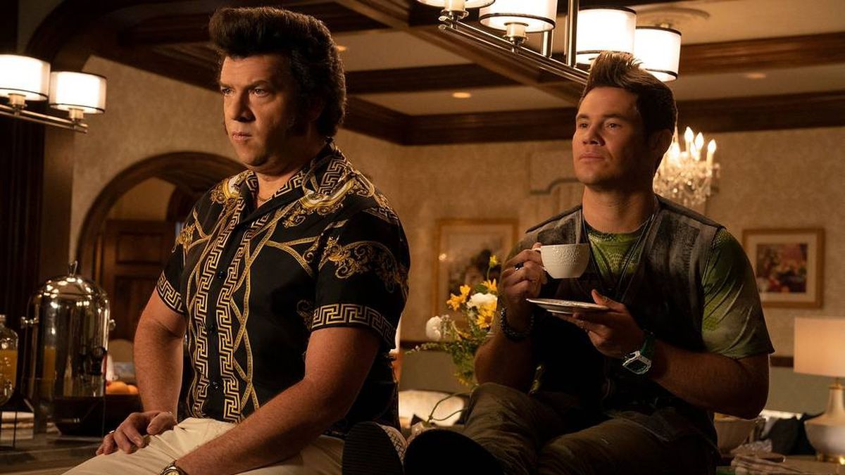 Danny McBride and Adam Devine sit on a countertop in consternation as Jesse and Kelvin Gemstone in season 3 of HBO’s The Righteous Gemstones