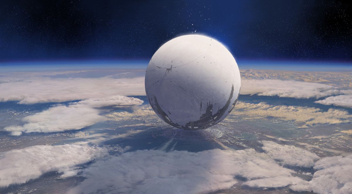 Destiny - concept art of the Traveler hovering over the Last City, seen from space