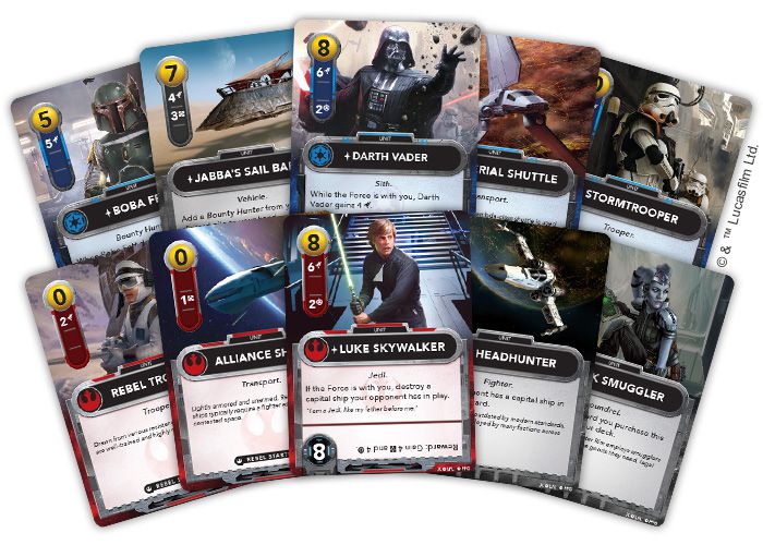 A spread of cards including Darth Vader, Luke Skywalker, and some iconic rides like Jabba’s Sail Barge.