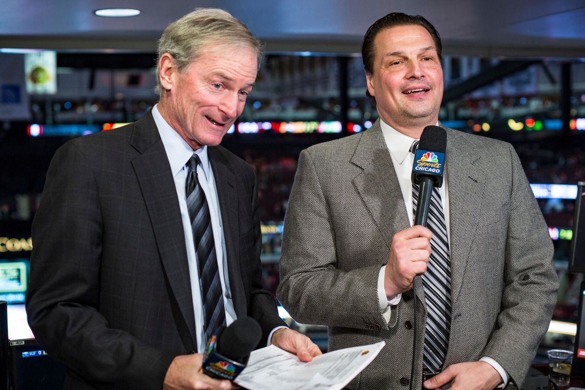 Eddie Olczyk (right) and Pat Foley are calling Blackhawks playoff games together but apart. Foley is in a production truck outside the United Center, and Olczyk is at NBC Sports Network’s studios in Stamford, Conn.