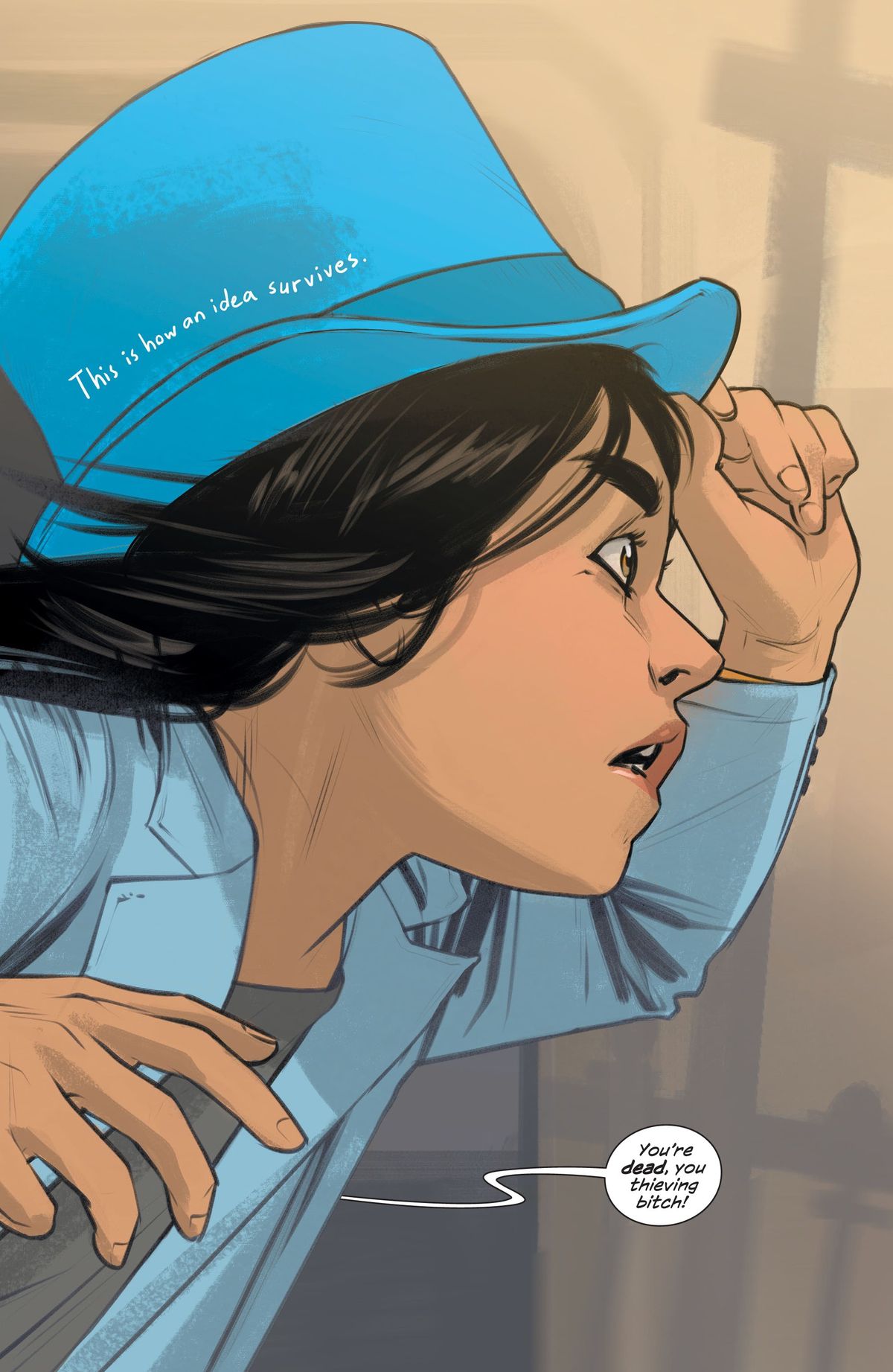 “This is how an idea survives,” reads narration text, as Hazel runs from a voice accusing her of thievery, clutching her blue top hat to her head in Saga #55. 