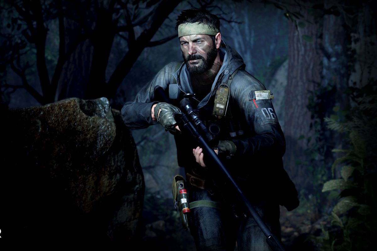 A character from Call of Duty: Black Ops Cold War sneaking through the woods