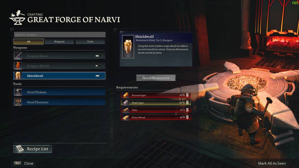 A menu shows details about the great forge of narvi in Return to Moria.