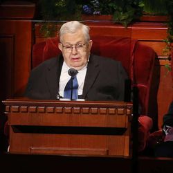 President Boyd K. Packer speaks during the Saturday morning session of 185th Annual General Conference of The Church of Jesus Christ of Latter-day Saints in Salt Lake City on Saturday, April 4, 2015.