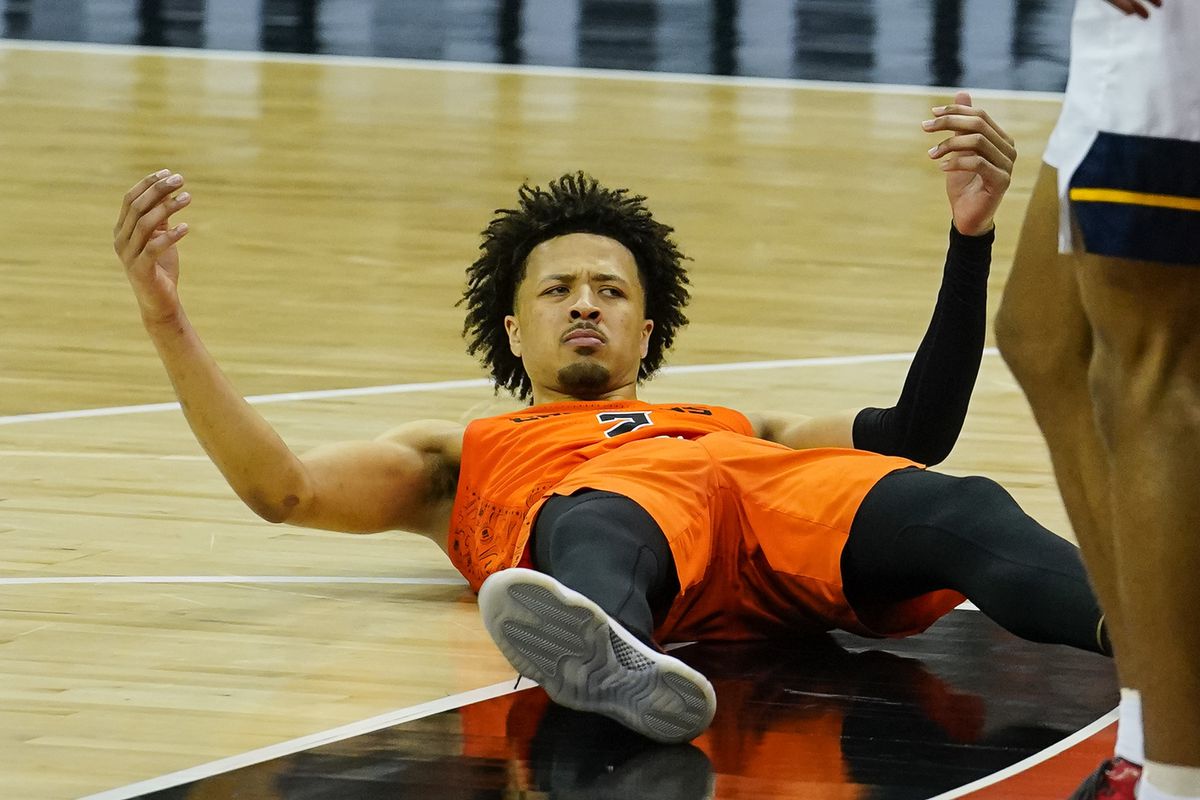 Oklahoma State Cowboys guard Cade Cunningham reacts after a play against the West Virginia Mountaineers during the second half at T-Mobile Center.&nbsp;