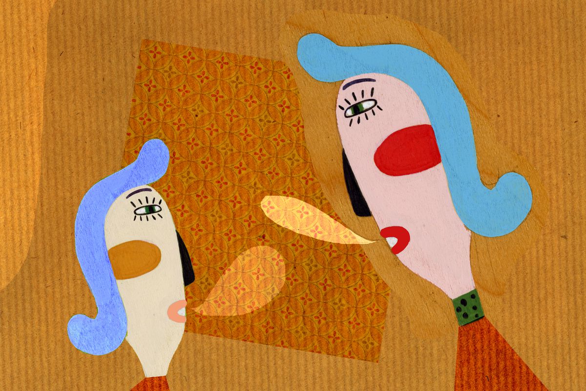 A collage illustration of a parent and child with speech bubbles, in conversation. 