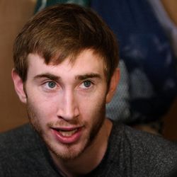 Utah Jazz guard Gordon Hayward speaks with the media as Jazz players clean out their lockers for the season in Salt Lake City Thursday, April 17, 2014.