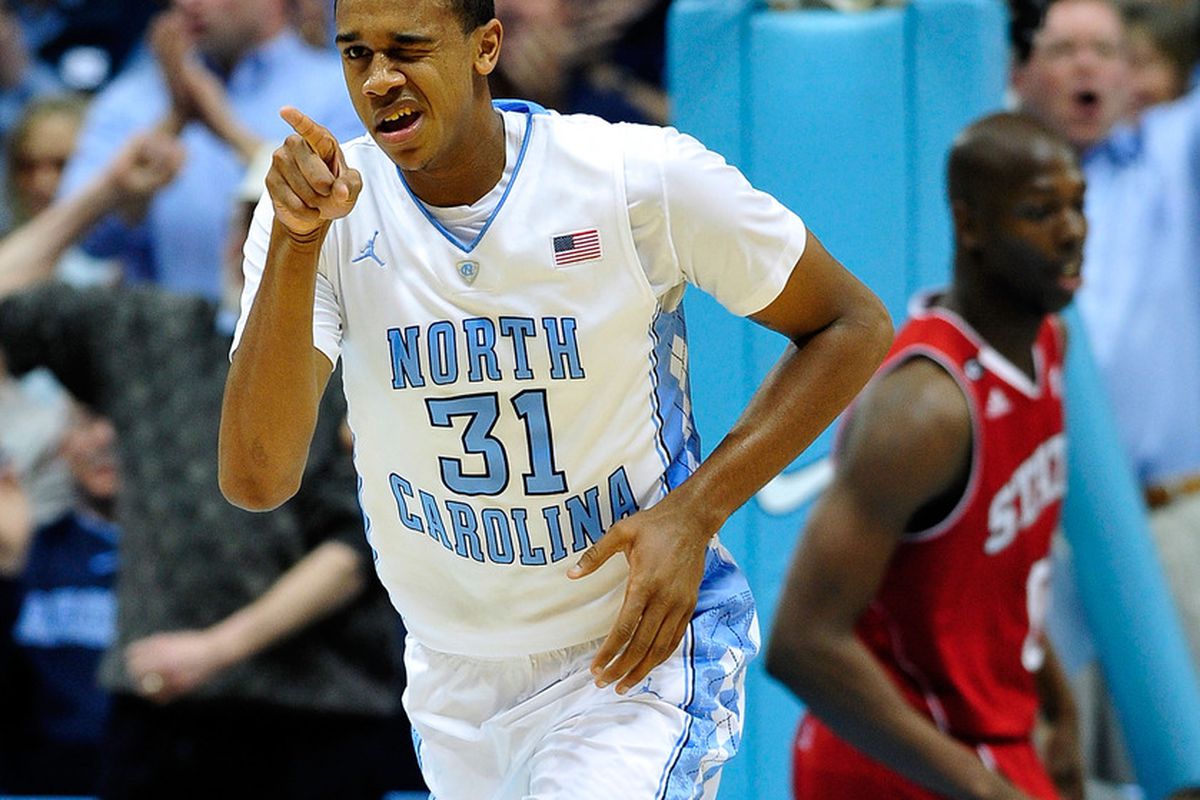 John Henson winks after a dunk against the Wolfpack on January 26, 2012 in Chapel Hill, North Carolina.
