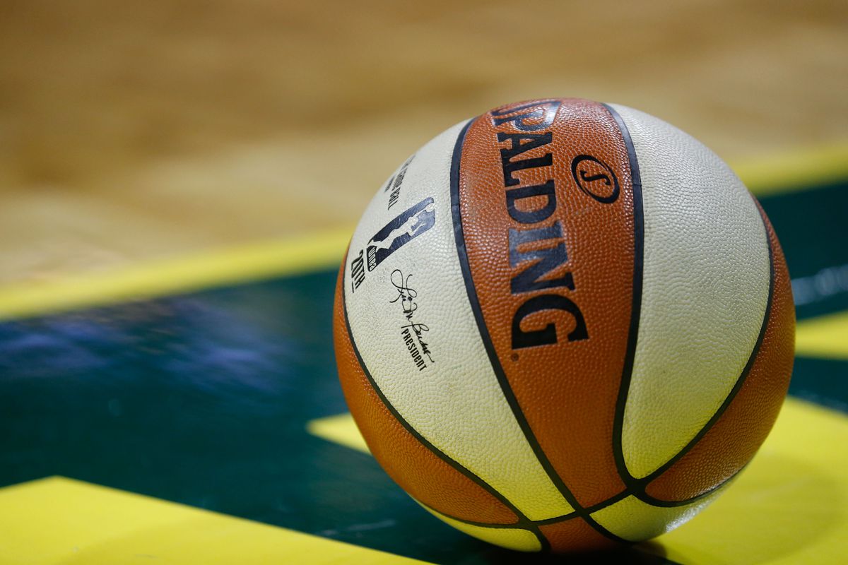 The WNBA logo on a ball during the fourth quarter of game one of the WNBA finals between the Seattle Storm and the Washington Mystics at KeyArena.