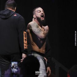 Mike Perry screams at the crowd at UFC on FOX 26 weigh-ins at Bell MTS Place in Winnipeg, Manitoba.