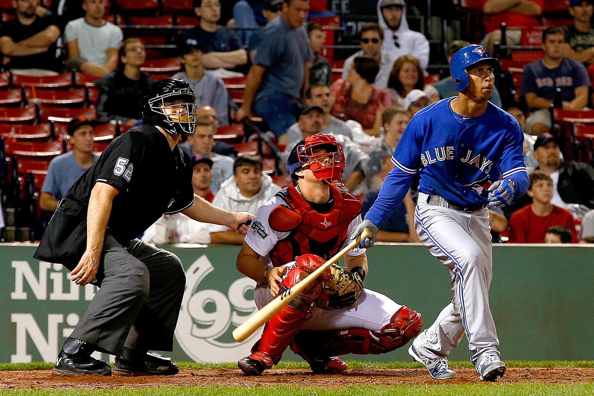 BOSTON, MA - SEPTEMBER 8:  Anthony Gose #43 of the Toronto Blue Jays hits a three-run home run against the  Boston Red Sox  in the ninth inning at Fenway Park on September 8, 2012 in Boston, Massachusetts.  (Photo by Jim Rogash/Getty Images)