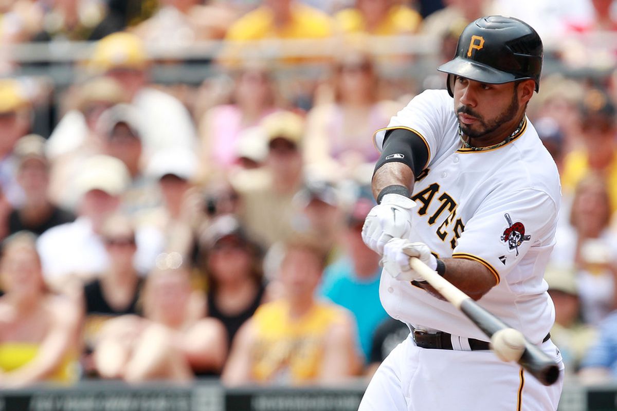 PITTSBURGH, PA - MAY 28:  Pedro Alvarez #24 of the Pittsburgh Pirates hits an RBI double in the first inning against the Cincinnati Reds during the game on May 28, 2012 at PNC Park in Pittsburgh, Pennsylvania.  (Photo by Jared Wickerham/Getty Images)