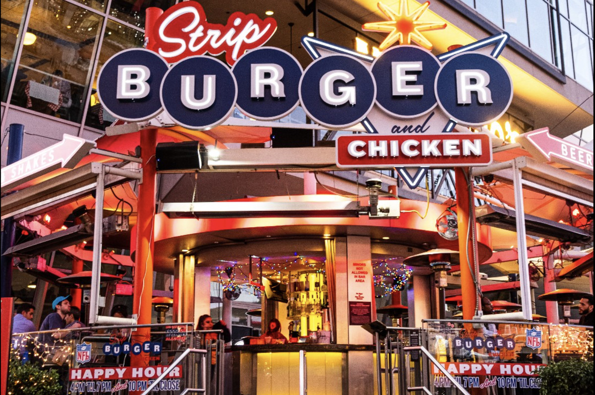 A marquee for Stripburger &amp; Chicken on the Las Vegas Strip.